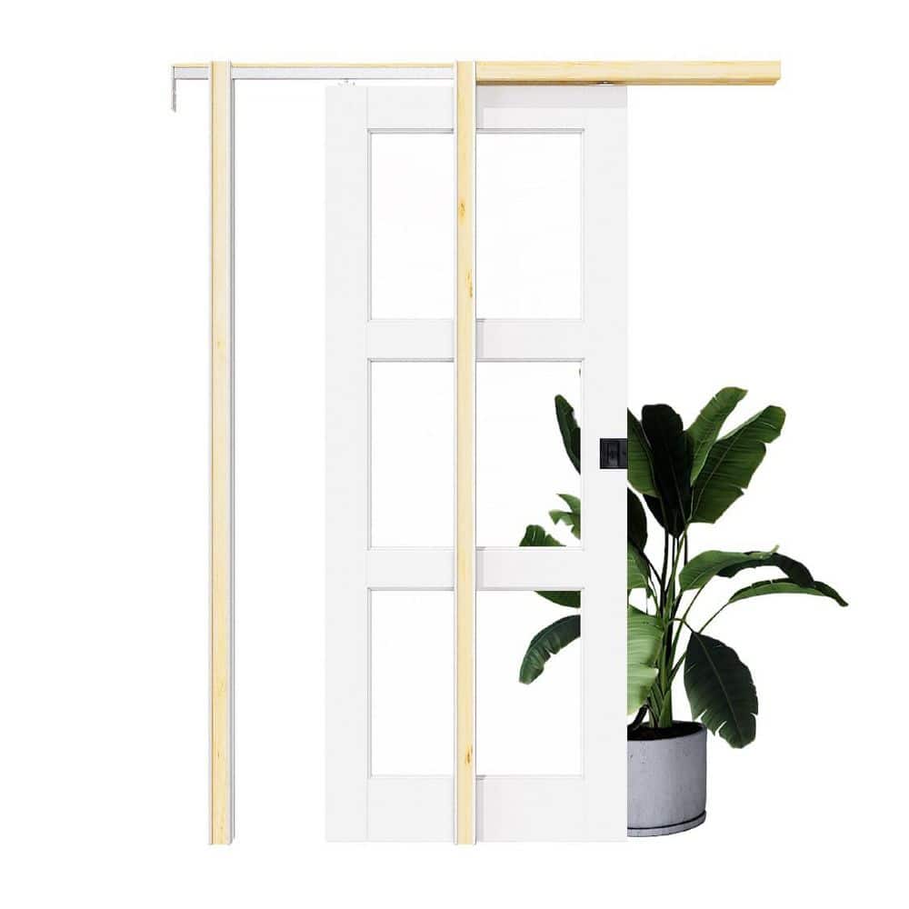 36 in. x 80 in. 3-Lite Clear Glass White Primed Wood Sliding Pocket Door with Hardware (Soft Close + Black Lock Incl) price history on PriceWatchPro