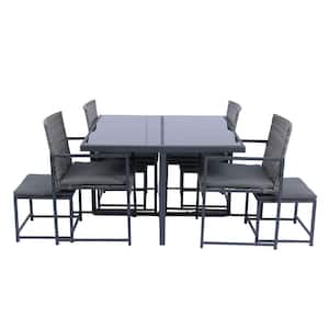 9-Piece Wicker Patio Outdoor Dining Set with Glass Table Top and Dark Gray Cushion