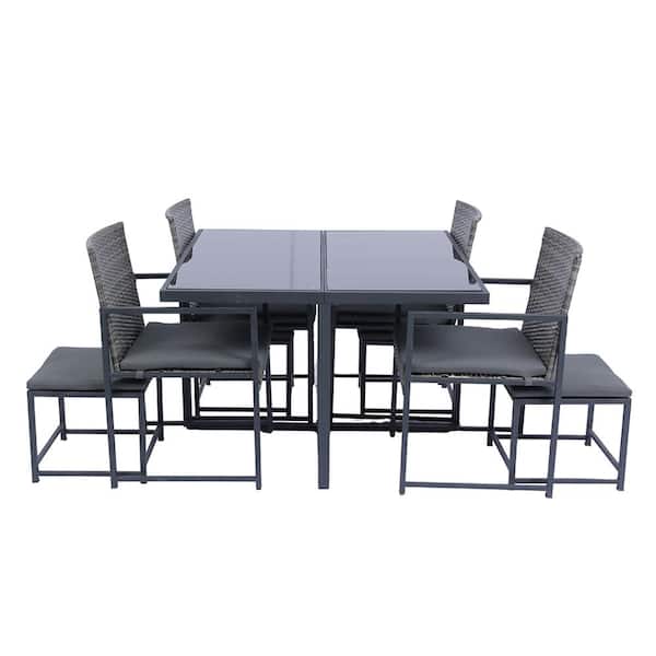 Nestfair 9-Piece Wicker Patio Outdoor Dining Set with Glass Table Top and Dark Gray Cushion