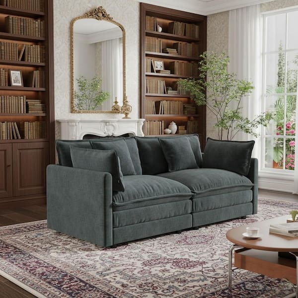 HEAT 76.7 in. Track Arm 2-Seat Modern Chenille Sectional Sofa with Deep Cushion and 4 Pillows, in. Graphite Gray