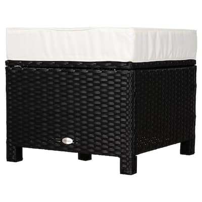 Rectangle Metal Plastic Rattan Wicker Outdoor/Indoor Ottoman Footrest with Removable White Cushion and Modern Design