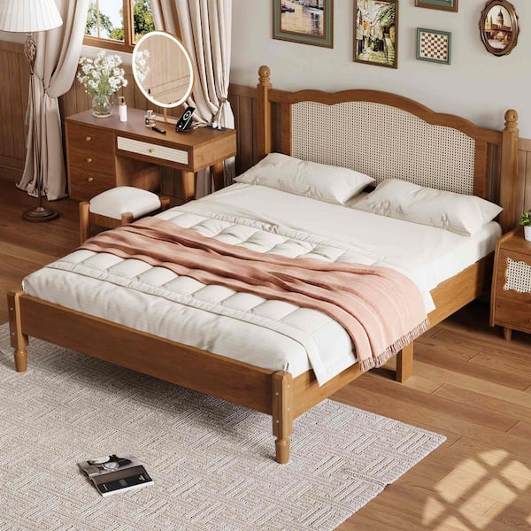 Walnut Wood Frame Queen Size Platform Bed with Natural Rattan Headboard, Wooden Slat Support