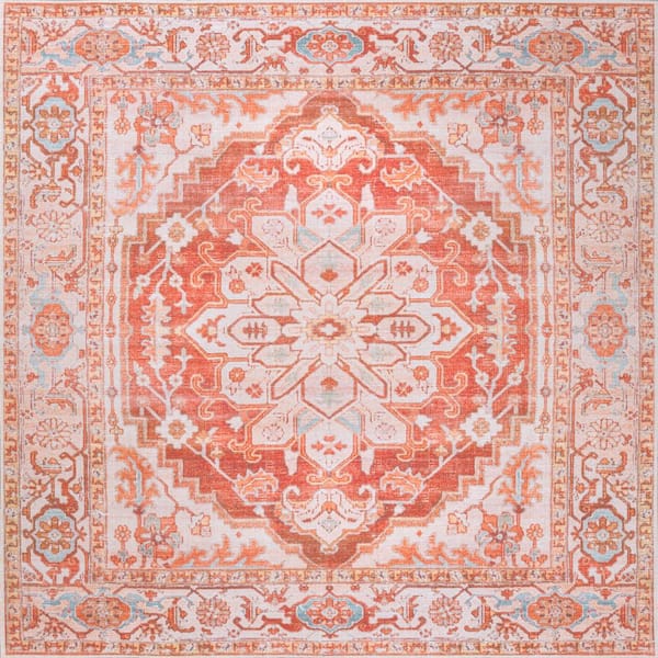 JONATHAN Y Asa Ornate Orange/Cream 5 ft. Medallion Machine-Washable Square Area Rug