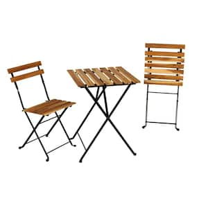 Brown 3-Piece Solid Teak Wood Outdoor Bistro Set with Waterproof Navy Cushion