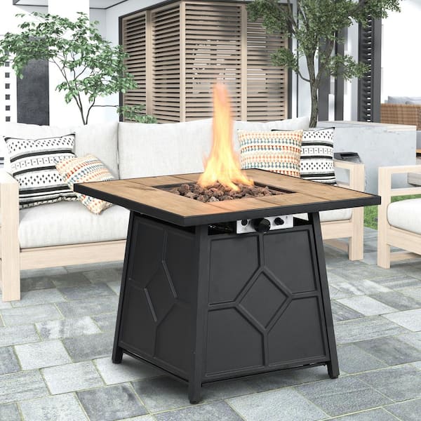 CASAINC 28-inch Steel Propane Gas Fire Pit Table 40,000 BTU Square Gas Firepits with Lid and Lava Rock in Wood-colored
