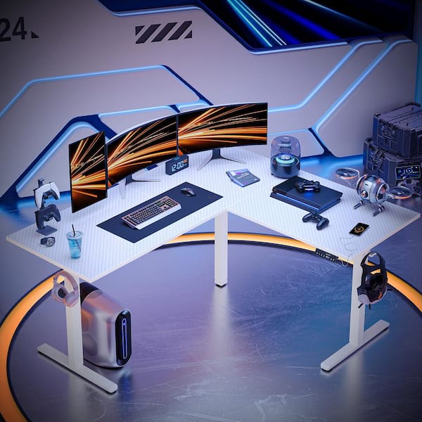 63 in. L-Shaped White Carbon Fiber Wood Sit to Stand Desk with 3-Height Memory Presets and USB Port, 2 Headphone Hooks