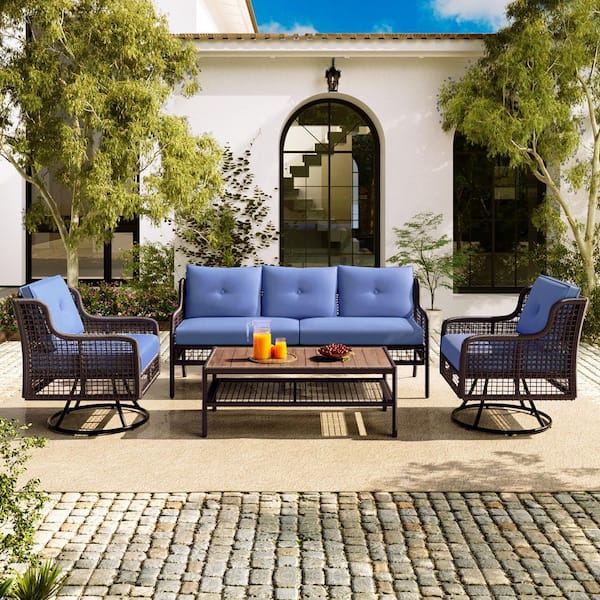 Sudzendf 4-Piece Wicker Outdoor Conversation Patio Furniture Set with Blue Cushions