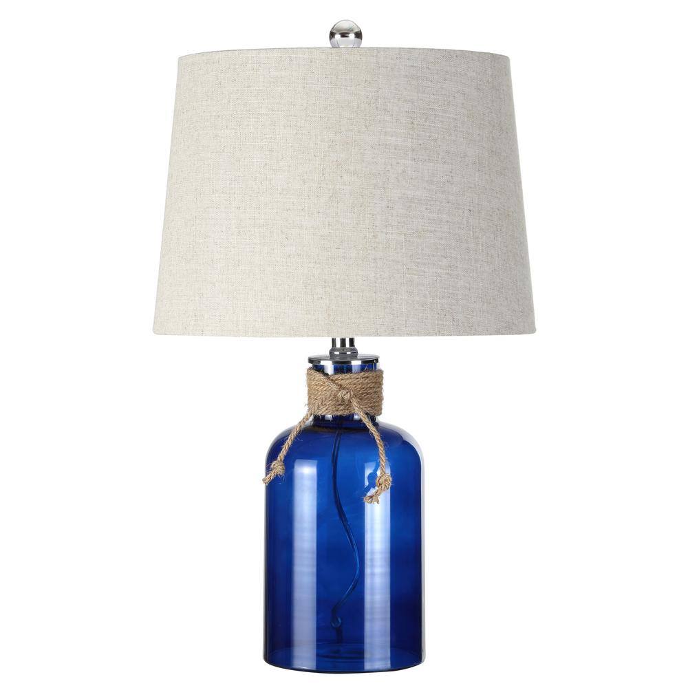 Azure Blue Glass Bottle Table Lamp with Linen Shade