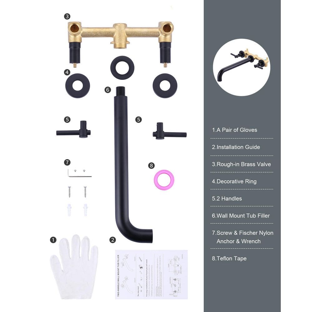 Matte Black Brass Wall Mounted Roman Tub Faucet with Lever Handles