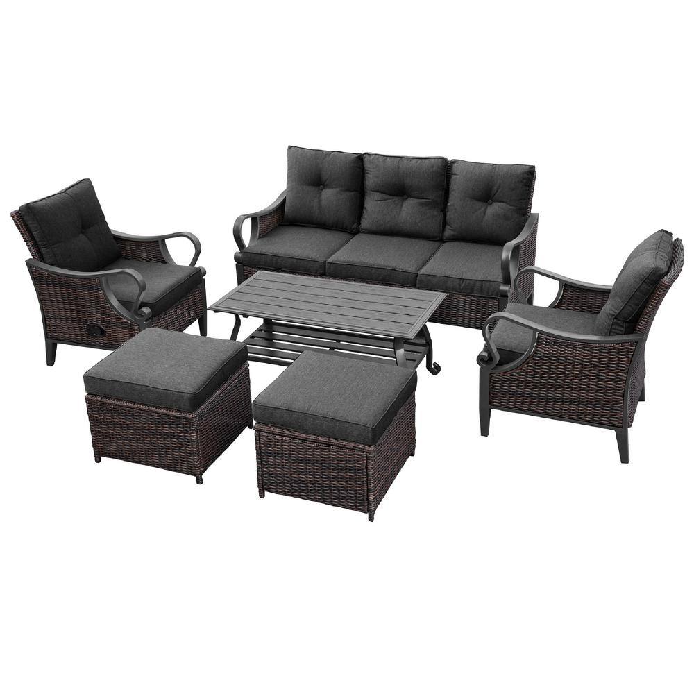 6-Pieces Rattan Metal Outdoor Patio Conversation Set with Brown Black Cushi