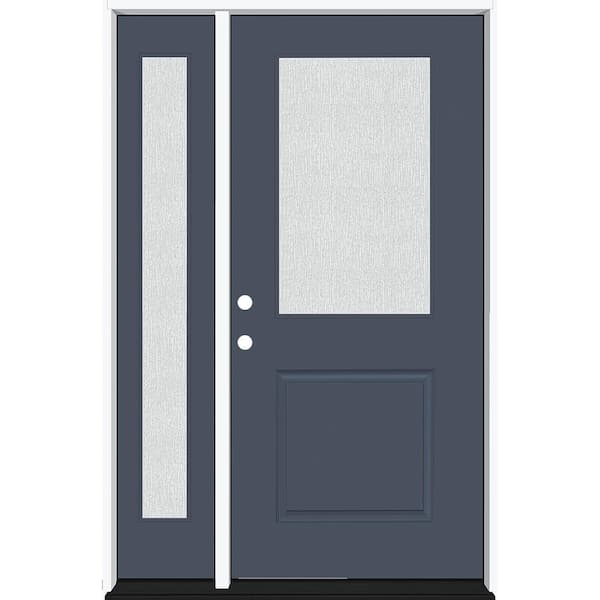 Steves & Sons Legacy 51 in. W x 80 in. 1/2 Lite Rain Glass RHIS Primed Dark Denim Finish Fiberglass Prehung Front Door with 12 in. SL