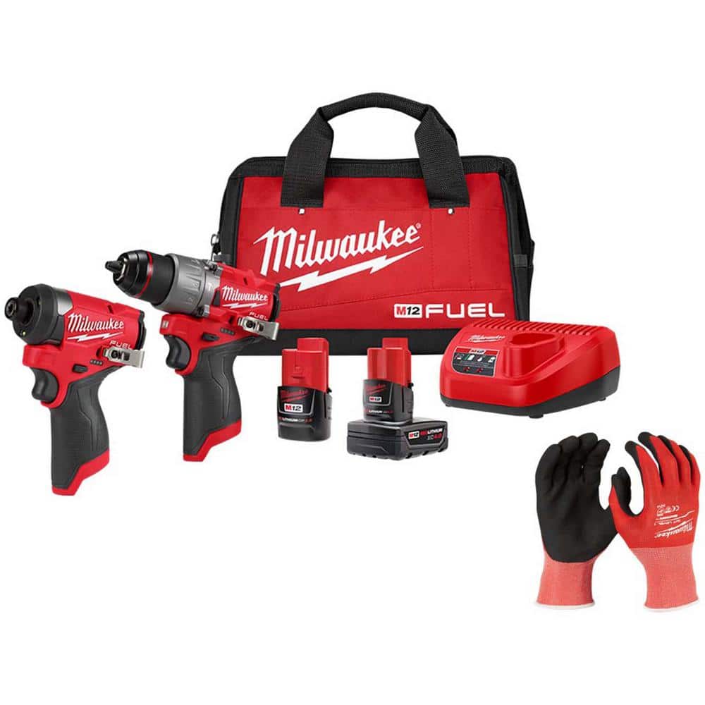 Milwaukee M12 12-Volt FUEL Cordless Brushless Hammer Drill and Impact Driver Combo Kit w/2 Batteries & Small Nitrile Cut 1 Glove