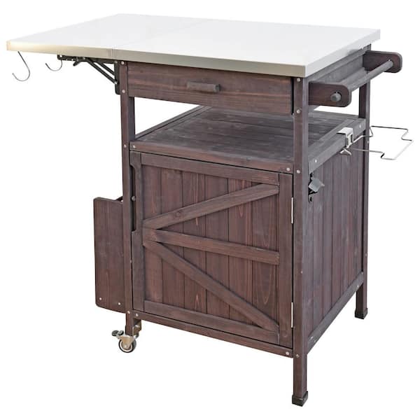 Brown 40.5 in. Wood Outdoor Bar Cart Grill Cart with Stainless Steel Top, Drop Leaf, 1-Drawer, Towel Rack and Wheels