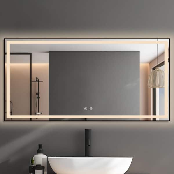 NTQ 72 in. W x 36 in. H Large Rectangular Framed Dimmable Defogger Wall Mounted Lighted Bathroom Vanity Mirror in Black