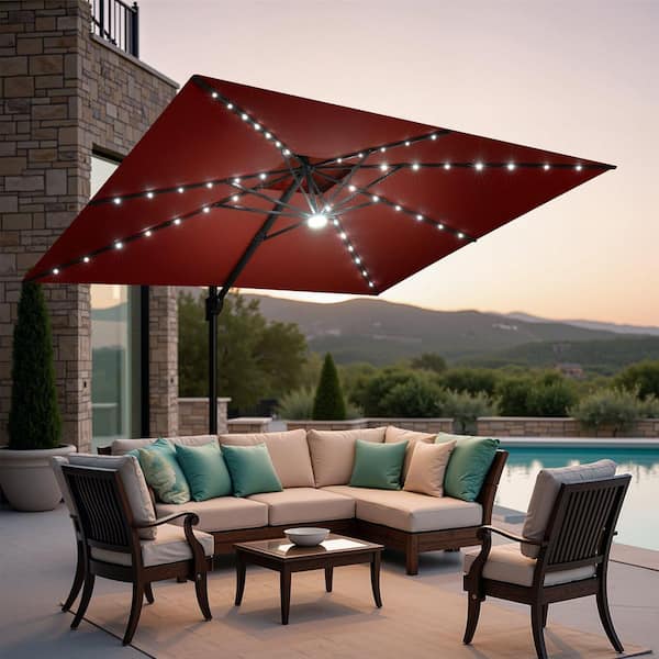 Crestlive Products 9 ft. x 11 ft. LED Rectangular Swivel Double Cantilever Tilt Patio Umbrella in Red