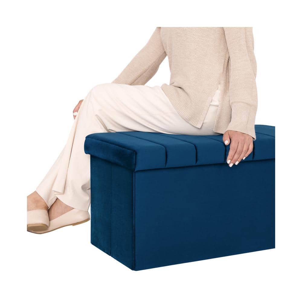Blue Velvet Tufted Storage Trunk Ottoman, 30 Inch