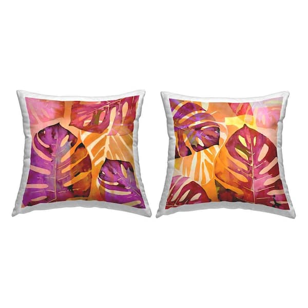 Stupell Industries Tropical Overlapping Leaves Pink Floral Polyester 18 in. x 18 in. Throw Pillow Set of 2