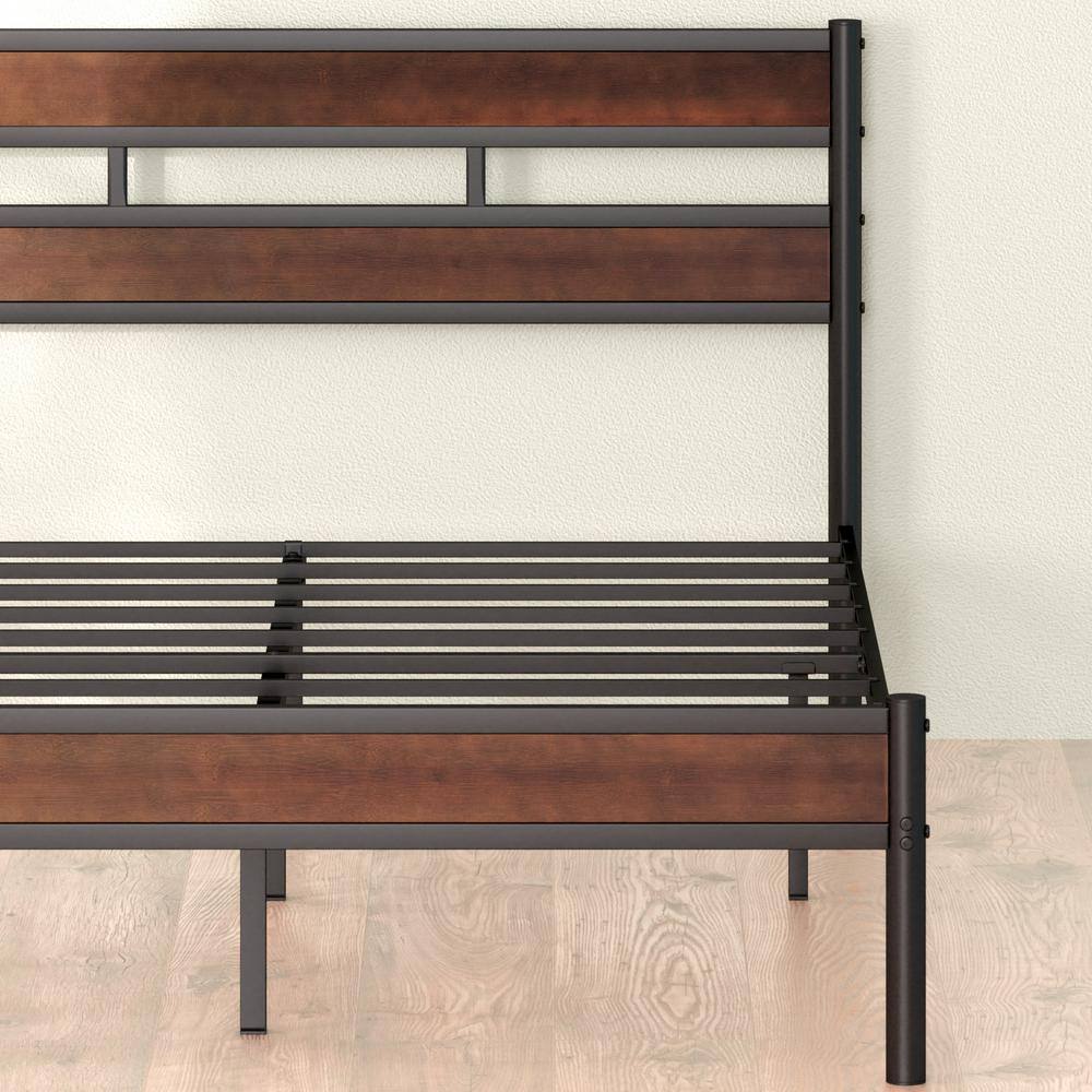 Queen Brown Bamboo and Black Metal Platform Bed Frame with Slatted Headboard