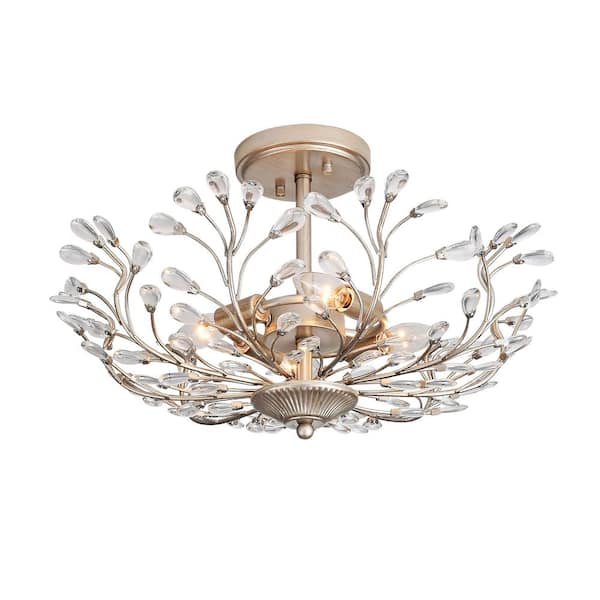 Jojospring Alina 18 in. 4-Light Brushed Silver-ish Champagne Crystal Beaded Branches Semi- Flush Mount