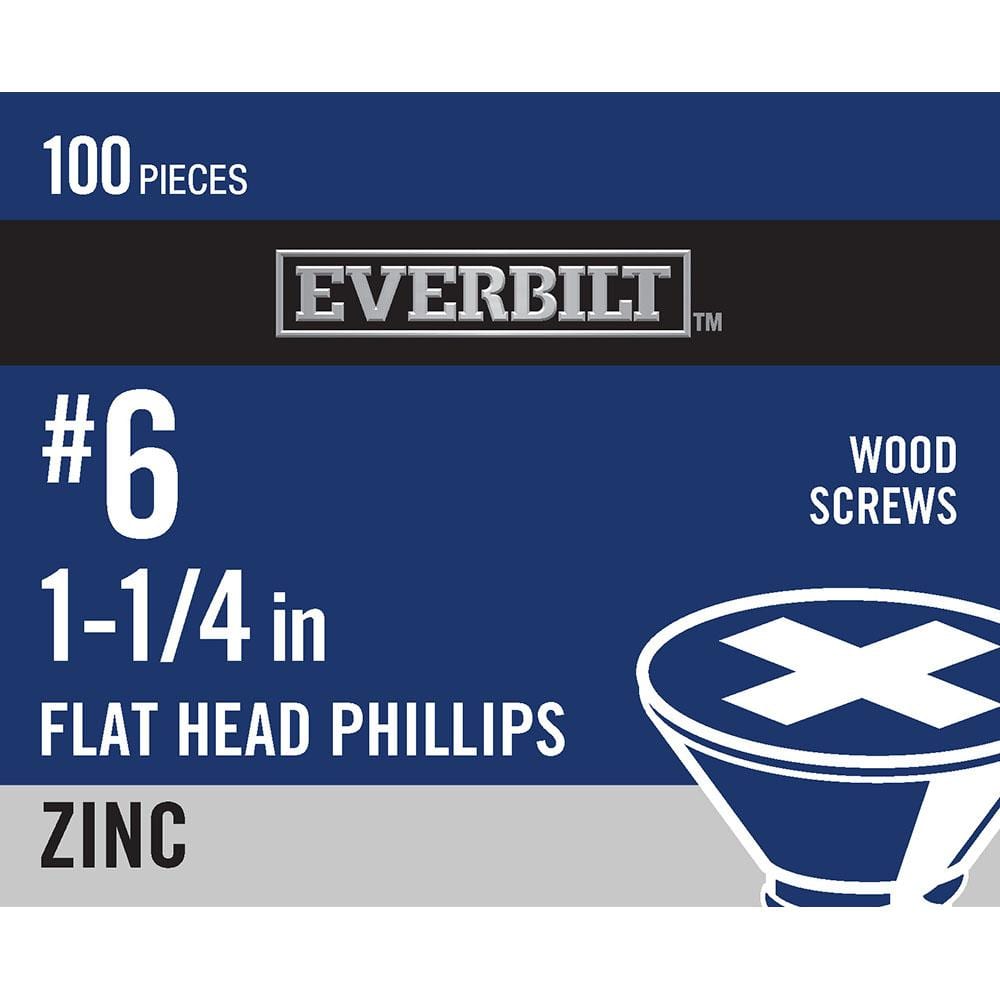 Everbilt #6 x 1-1/4 in. Zinc Plated Phillips Flat Head Wood Screw  (100-Pack) 801782 - The Home Depot