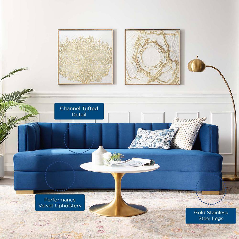Navy Tufted Velvet Tuxedo Arm Sofa with Wood Legs
