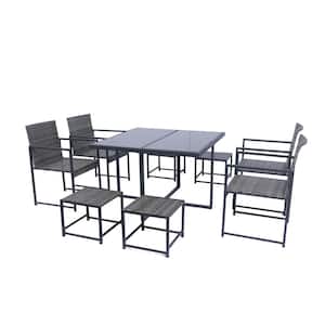 9 Piece Wicker Outdoor Dining Set with Square Table, Space Saving Rattan Chairs and Dark Gray Cushions