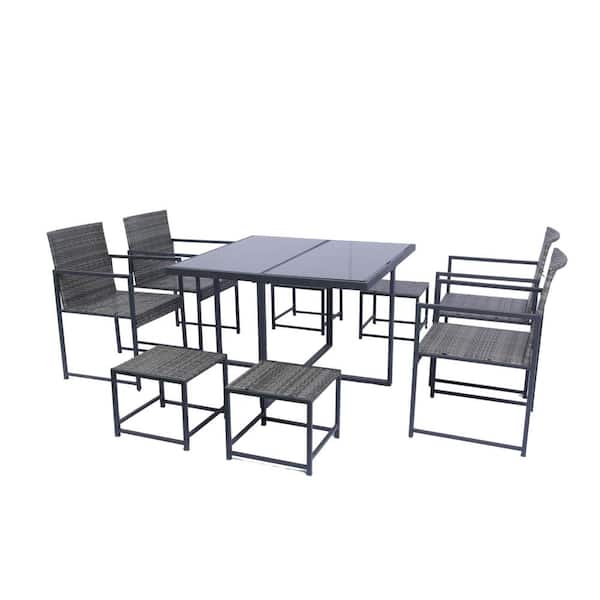 Unbranded 9 Piece Wicker Outdoor Dining Set with Square Table, Space Saving Rattan Chairs and Dark Gray Cushions