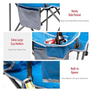 Blue Metal Patio Folding Beach Chair Lawn Chair Outdoor Camping Chair with Side Pockets and Built-In Opener