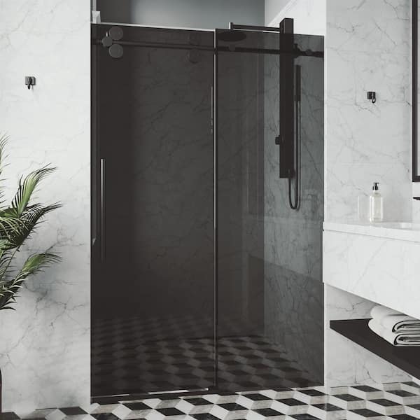 VIGO Elan 56 to 60 in. W x 74 in. H Sliding Frameless Shower Door in Matte Black with 3/8 in. (10mm) Black Tint Glass