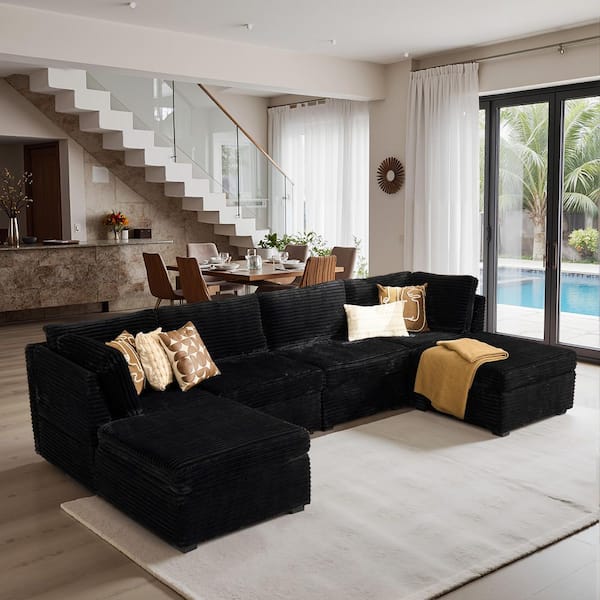 Cuke 127 in. Wide 6-Piece Modern Deep Seat Plush Corduroy U-Shape Modular Sectional Sofa Couch in Black with Ottomans