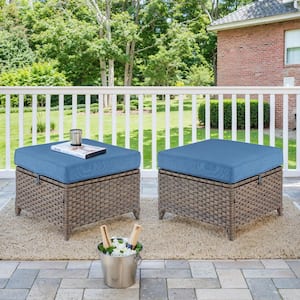 Frazee Brown Wicker 2-Piece Outdoor Ottoman Steel Frame Patio Footstools with Blue Cushion