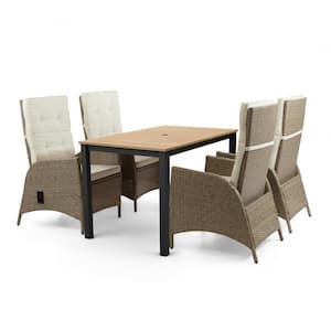 Mackay 5-Piece Metal and Teak Rectangle Outdoor Dining Set with Beige Cushion Set and Reclining Chairs