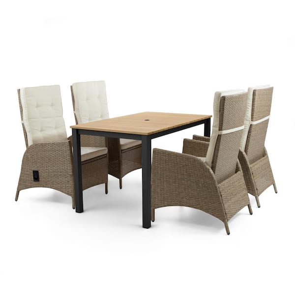 GREEMOTION Mackay 5-Piece Metal and Teak Rectangle Outdoor Dining Set with Beige Cushion Set and Reclining Chairs