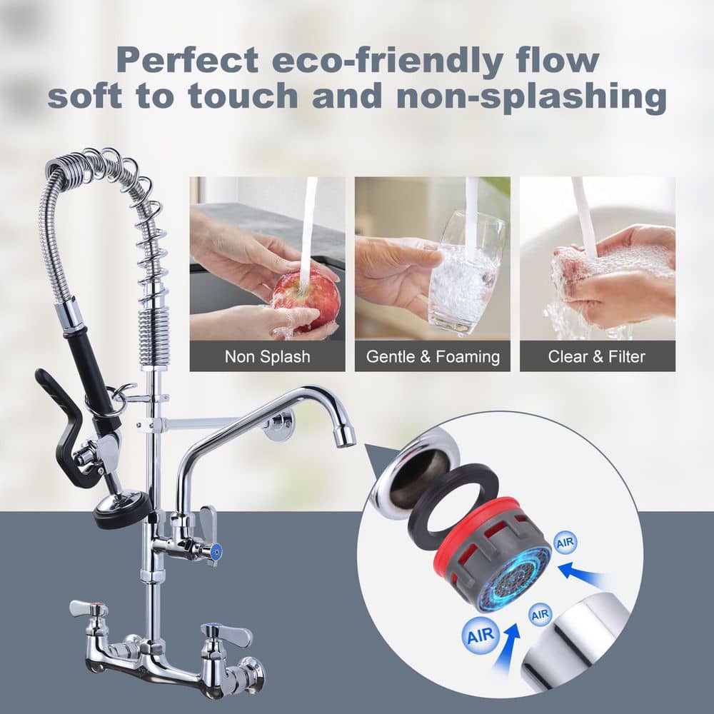 25-Inch Chrome Wall Mount Triple Handle Commercial Kitchen Faucet with Pull-Out Spray