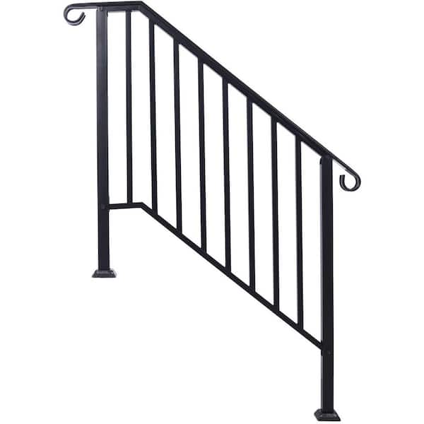 Angel Sar 66 in. H x 47 in. W Black Wrought Iron Handrails, Outdoor Stair Railing Kit for 3 Steps or 4 Steps