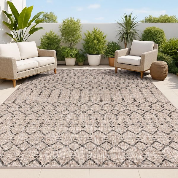 Ourika Moroccan Natural/Black 7 ft. 9 in. x 10 ft. Geometric Textured Weave Indoor/Outdoor Area Rug