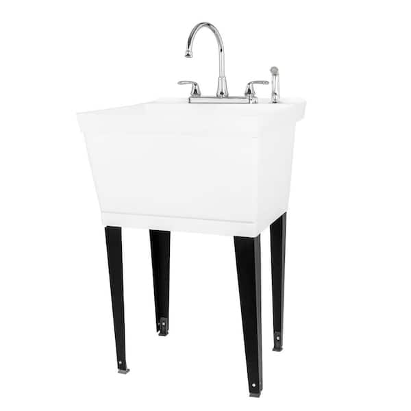 TEHILA Complete 22.875 in. x 23.5 in. White 19 Gal. Utility Sink Set with Metal Hybrid Chrome Faucet and Side Sprayer