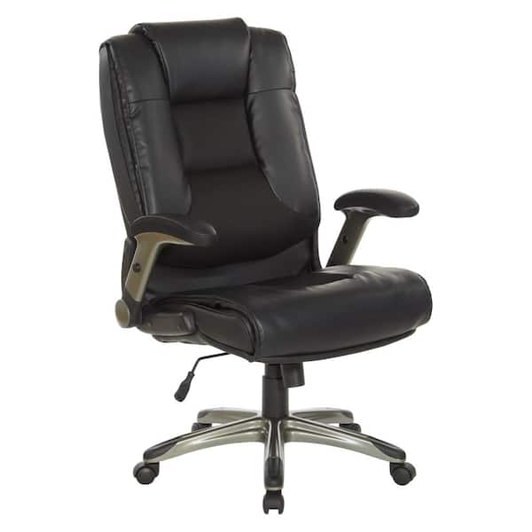 Office Star Products Bonded Leather with Coated Nylon Base Ergonomic Executive Chair in Black and Titanium Coated Flip Arms