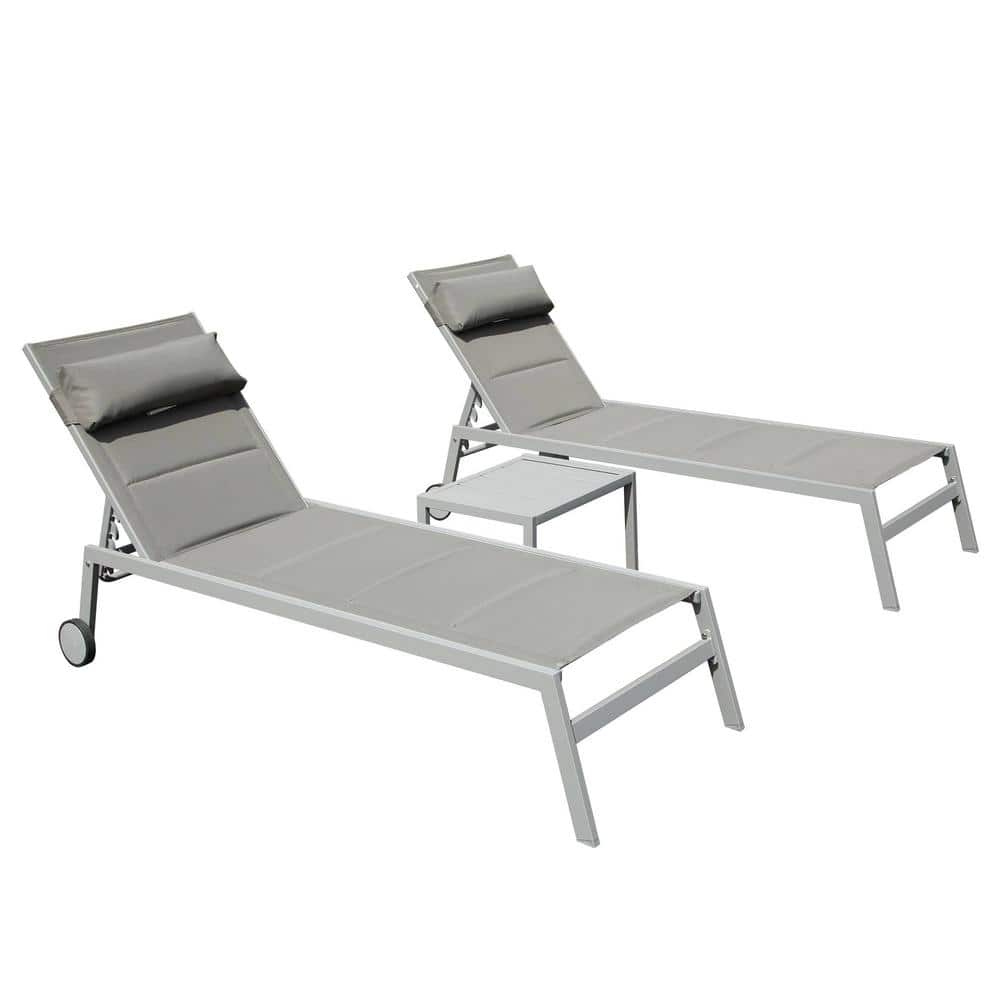 3-Piece Gray Aluminum Metal Adjustable Recliner Outdoor Chaise Lounge with 
