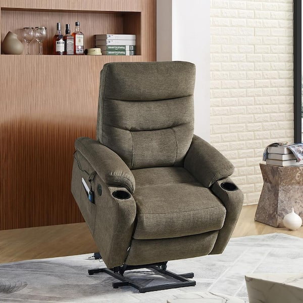 CSC DECOR INC Brown Fabric Massage Chair Electric Power Lift Recliner Chair with Heat, Cup Holders and Side Pockets, USB Ports