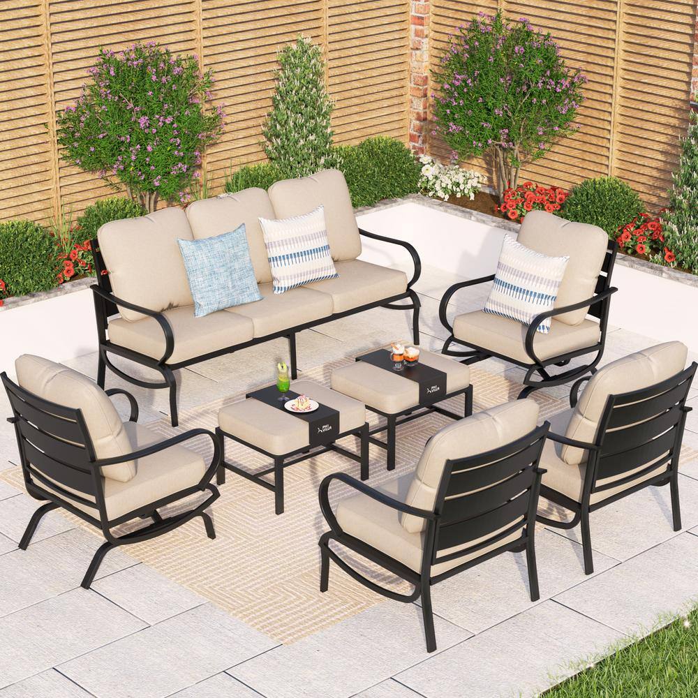 PHI VILLA Black Slatted 9-Seat 7-Piece Metal Outdoor Patio Conversation ...