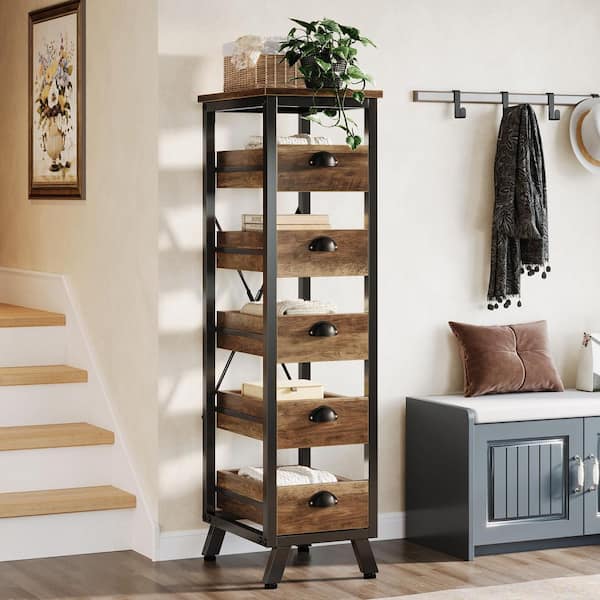 Pealaa 45 in. Tall Rustic Brown 5-drawer Chest of Drawers, Narrow Dresser Storage Chest for Bedroom, Small Space