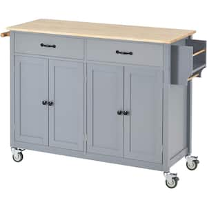 Grey Blue Solid Wood Top 54.3 in. Kitchen Island with 4 Door Cabinet and 2 Drawers