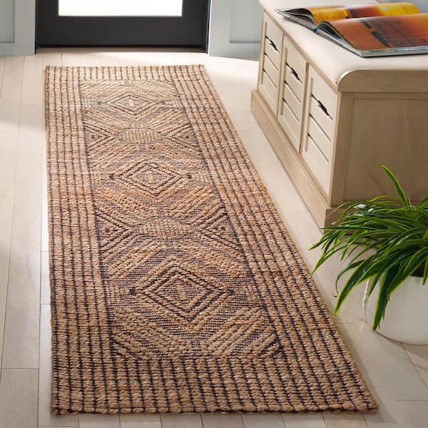 Natural Fiber 2 ft. x 8 ft. Natural/Black Diamond Border Distressed Runner Rug