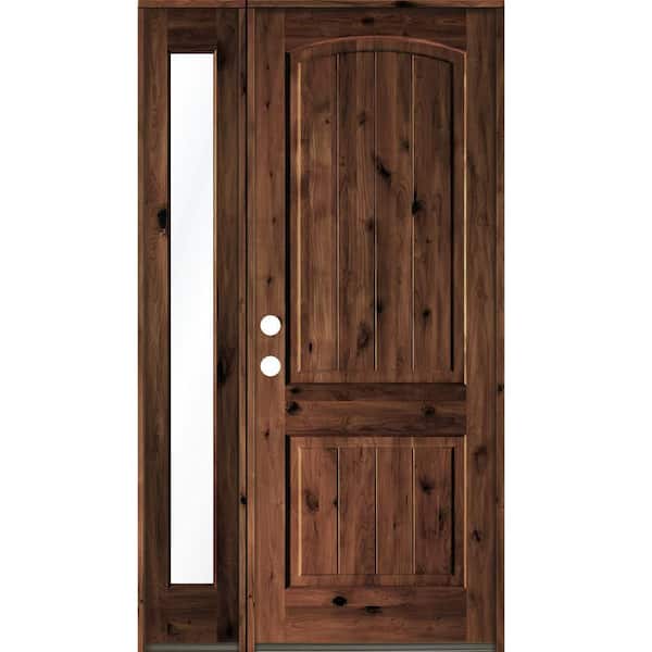 Krosswood Doors 44 in. x 96 in. Rustic knotty alder Right-Hand/Inswing Clear Glass Red Mahogany Stain Wood Prehung Front Door w/Sidelite