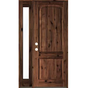 46 in. x 96 in. Rustic knotty alder Right-Hand/Inswing Clear Glass Red Mahogany Stain Wood Prehung Front Door w/Sidelite