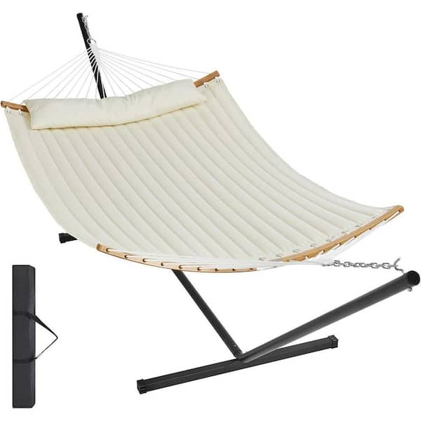 2 Person Hammocks with 12 ft. Portable Steel Stand Hardwood Spreader Bar Pillow Storage Bag for Outdoors, Backyard White