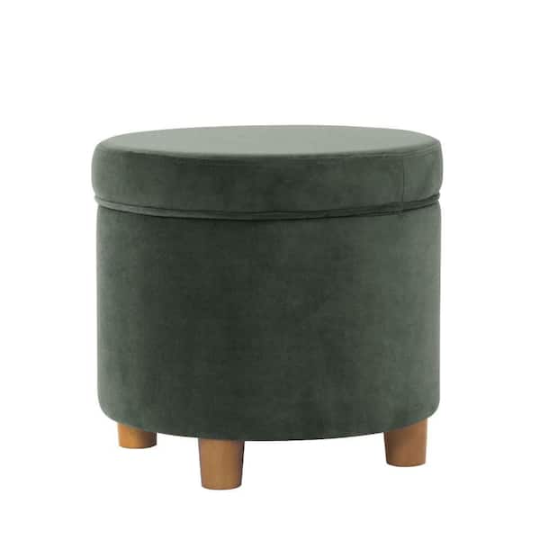 Benjara Gio Forest Green and Brown Velvet Round Storage Ottoman