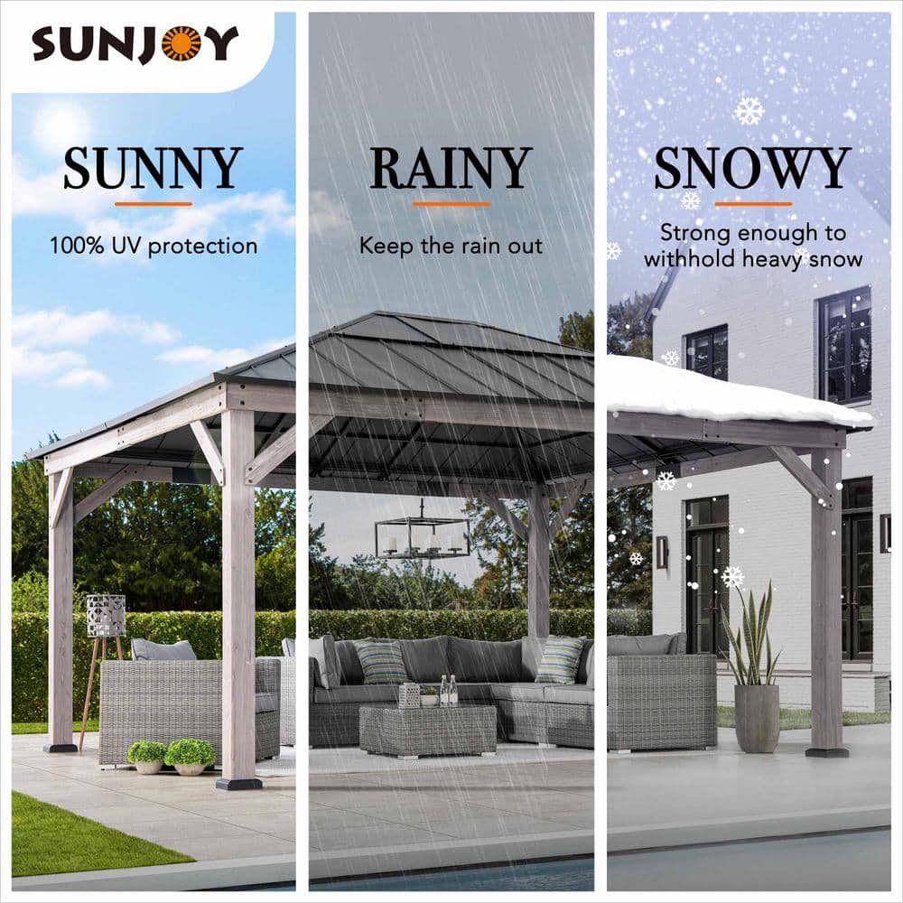 Sunjoy 13 ft. x 15 ft. Cedar and Black Steel Gazebo with Polycarbonate Roof