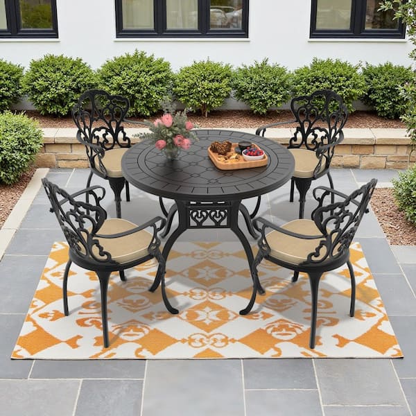 Willit Lily Black 5-Piece Cast Aluminum Outdoor Dining Set with Round Table and Dining Chairs with Off-white Cushion